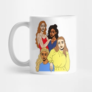 Four young female friends with vitiligo. different nationalities african american, korean, irish, russian. Mug